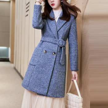 Rahat Ofis Bayan Uzun Blazer Mont Sonbahar Zarif Yaka Kruvaze Yün Ceketler Kış Kadın Moda Gevşek Giyim 0