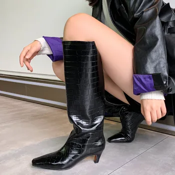 Seksi Diz Yüksek Çizmeler Timsah Desenli Deri Sivri Burun Yüksek Topuklu Çizmeler Kadın Kış Ayakkabı botas de mujer