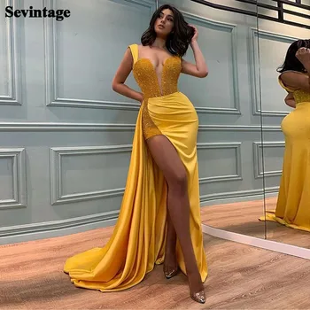 Sevintage Sarı Saten Gece Elbisesi Mermaid Sequins Uzun Kadın Parti Elbiseler Yüksek Yarık Örgün Balo Abiye 2021 Artı Boyutu