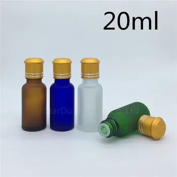 Seyahat Şişe 20 ml Yeşil Mavi Amber Şeffaf Buzlu Cam Şişe, Alüminyum Kapaklı şişeler uçucu yağ Şişesi 500 adet / grup