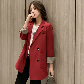 Sonbahar Bahar Kırmızı Orta Uzunlukta Blazer Kadın Büyük Boy Bej Siyah Kruvaze Büyük Blazer Sonbahar Kore İnce Kadın Ceket