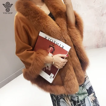 VISI HOP VS7002 kadın şal Orijinal Fox Kürk Yaka Trim Kaşmir Pelerin Yün Moda Stil Sonbahar Kış sıcak tutan kaban kalın Panço