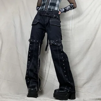 WeıYao Delik Punk Streetwear Siyah Kargo Kot Fairycore Kadın Zincir Cepler Patchwork Grunge Y2K Düz Kot Denim Düşük Bel