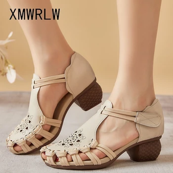 XMWRLW Hakiki Deri Kadın Yaz Sandalet Retro Tarzı Bayan Sandalet 2022 Yaz Kadın Kanca Döngü Sandalet Kare Topuk Ayakkabı