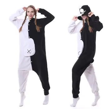 Yetişkin Kigurumi Ayı Hayvan Danganronpa Pijama Siyah Beyaz Ayı Monokuma Tek parça Bodysuits Cosplay Kostüm Noel Tulumlar