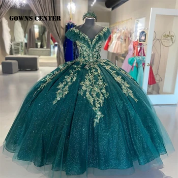 Zümrüt Yeşil Quinceanera Elbiseler Balo doğum günü partisi elbisesi Lace Up Mezuniyet Elbisesi V Boyun quinceanera de 15 anos 2022