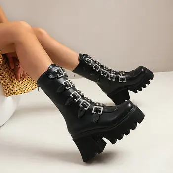 Şeytanlar Gotik platform ayakkabılar Punk Koyu Goth Lolita Hizmetçi Ayakkabı Mary Jane Ayakkabı Orta Buzağı askeri postal