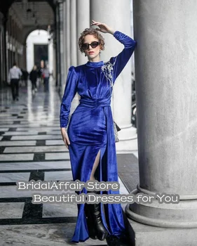 BridalAffair Seksi Kraliyet Mavi Kadife Abiye Yüksek Boyun Balo Parti Törenlerinde Uzun Kollu Bölünmüş Özel Durum Elbise 1