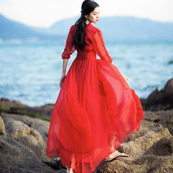 Büyük Kırmızı Elbise Fotoğraf Çekmek için Güzel Etek Süper Peri Büyük Salıncak Zarif Sahil Tatil Zarif plaj elbisesi Dans Elbise 1
