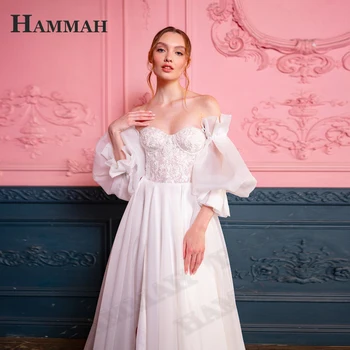 HAMMAH Prenses Bir Çizgi Gelinlik Gelin Yarık Aplikler Fermuar Vestido De Casament Puf Kollu Sevgiliye Backless 1