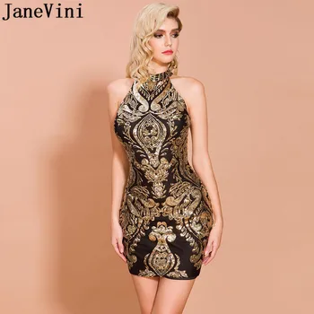 JaneVini Altın Pullu Kolsuz Resmi Elbiseler Kadın Parti Gece Kokteyl Elbiseleri Düğün için 2020 Seksi Siyah Kısa Mini Abiye 1