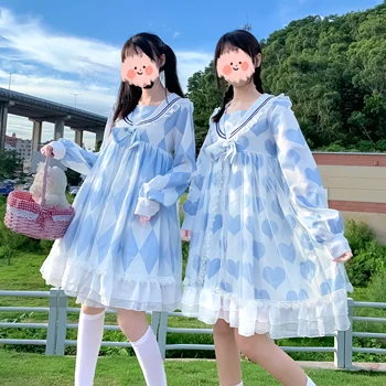 Japon Tarzı Donanma Op Uzun Kollu Örgü Yumuşak Kardeş Ruffles Elbise Kadın İlkbahar ve Sonbahar kawaii giyim tatlı lolita elbise 1