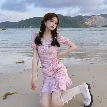Kore Tarzı Ins Saf Desire Stil Ruffled Plise İnce Zayıflama Çiçek Elbise Kadınlar için 2021 Yaz Yeni lolita elbise 1