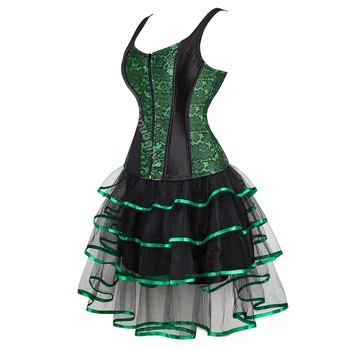 Korse Elbise Tutu Etek Seti Kayış Fermuar Dantel Kostüm Partisi Seksi Burlesque Bayanlar Kıyafet Artı Boyutu Gotik Cadılar Bayramı Yeşil 1