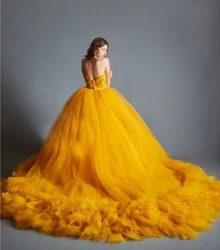 Parlak Sarı düğün elbisesi Straplez Abiye Tren İle Lush Peplum Elbise Tül Balo Gelin Elbise Kadınlar İçin 1