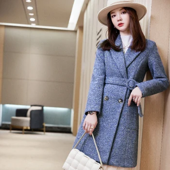 Rahat Ofis Bayan Uzun Blazer Mont Sonbahar Zarif Yaka Kruvaze Yün Ceketler Kış Kadın Moda Gevşek Giyim 1
