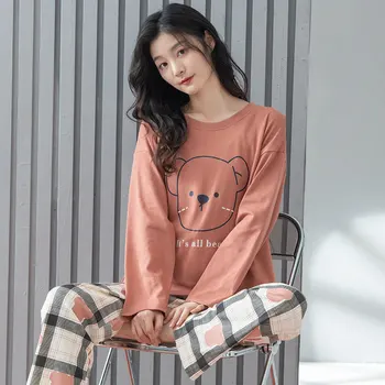 Yasuk Bahar Sonbahar Moda kadın Rahat Güzel Baskı Pamuk Cep Pijama Gecelik Sevimli Pijama Pantolon Ayı Ekose 1