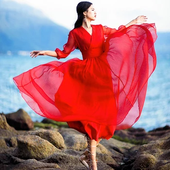 Büyük Kırmızı Elbise Fotoğraf Çekmek için Güzel Etek Süper Peri Büyük Salıncak Zarif Sahil Tatil Zarif plaj elbisesi Dans Elbise 2
