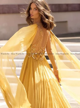Göz alıcı Sarı balo kıyafetleri Boncuklu 3D Çiçek Uzun Cap Sleeve V Boyun Örgün Akşam Partisi Törenlerinde Yüksek Yarık Elbiseler De Soirée 2