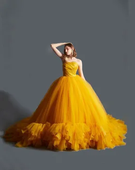 Parlak Sarı düğün elbisesi Straplez Abiye Tren İle Lush Peplum Elbise Tül Balo Gelin Elbise Kadınlar İçin 2