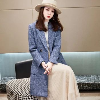 Rahat Ofis Bayan Uzun Blazer Mont Sonbahar Zarif Yaka Kruvaze Yün Ceketler Kış Kadın Moda Gevşek Giyim 2