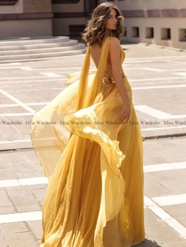 Göz alıcı Sarı balo kıyafetleri Boncuklu 3D Çiçek Uzun Cap Sleeve V Boyun Örgün Akşam Partisi Törenlerinde Yüksek Yarık Elbiseler De Soirée 3