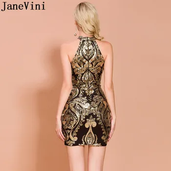 JaneVini Altın Pullu Kolsuz Resmi Elbiseler Kadın Parti Gece Kokteyl Elbiseleri Düğün için 2020 Seksi Siyah Kısa Mini Abiye 3