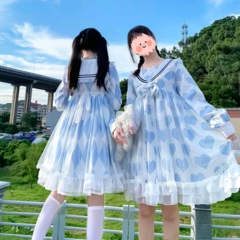 Japon Tarzı Donanma Op Uzun Kollu Örgü Yumuşak Kardeş Ruffles Elbise Kadın İlkbahar ve Sonbahar kawaii giyim tatlı lolita elbise 3