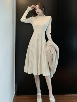 Kadın Retro Zarif Mizaç Örme Kazak Elbise Kış sıcak Pilili Sıska Streç Uzun Çan Kollu Elbise 2022 Yeni Vestido 3