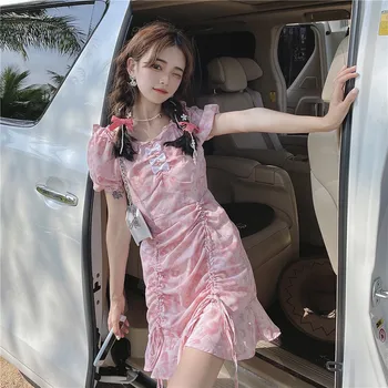 Kore Tarzı Ins Saf Desire Stil Ruffled Plise İnce Zayıflama Çiçek Elbise Kadınlar için 2021 Yaz Yeni lolita elbise 3