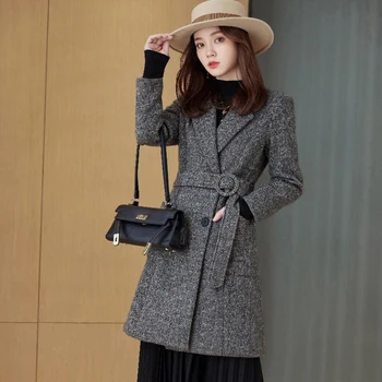 Rahat Ofis Bayan Uzun Blazer Mont Sonbahar Zarif Yaka Kruvaze Yün Ceketler Kış Kadın Moda Gevşek Giyim 3