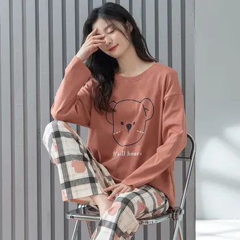 Yasuk Bahar Sonbahar Moda kadın Rahat Güzel Baskı Pamuk Cep Pijama Gecelik Sevimli Pijama Pantolon Ayı Ekose 3
