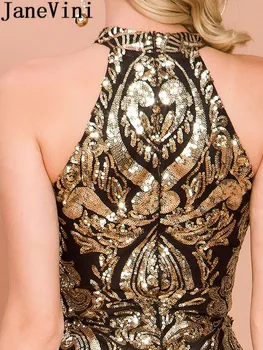 JaneVini Altın Pullu Kolsuz Resmi Elbiseler Kadın Parti Gece Kokteyl Elbiseleri Düğün için 2020 Seksi Siyah Kısa Mini Abiye 4