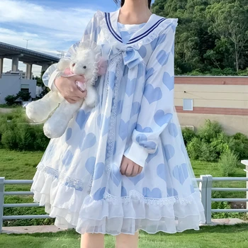 Japon Tarzı Donanma Op Uzun Kollu Örgü Yumuşak Kardeş Ruffles Elbise Kadın İlkbahar ve Sonbahar kawaii giyim tatlı lolita elbise 4