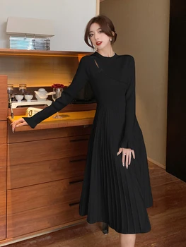 Kadın Retro Zarif Mizaç Örme Kazak Elbise Kış sıcak Pilili Sıska Streç Uzun Çan Kollu Elbise 2022 Yeni Vestido 4