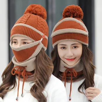 Kış Şapka Sıcak Örme Şapka ve Daire Eşarp Seti OutdoorsScarf Bere Kafatası Kap Kış için 4