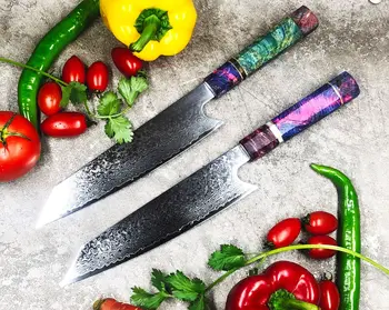 Mutfak bıçakları Japon Şam çelik keskin şef bıçağı Reçine stabilize burl ahşap saplı VG10 mutfak bıçakları 4
