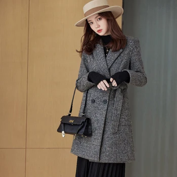 Rahat Ofis Bayan Uzun Blazer Mont Sonbahar Zarif Yaka Kruvaze Yün Ceketler Kış Kadın Moda Gevşek Giyim 4
