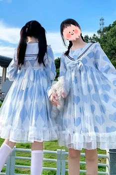 Japon Tarzı Donanma Op Uzun Kollu Örgü Yumuşak Kardeş Ruffles Elbise Kadın İlkbahar ve Sonbahar kawaii giyim tatlı lolita elbise 5