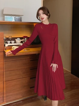 Kadın Retro Zarif Mizaç Örme Kazak Elbise Kış sıcak Pilili Sıska Streç Uzun Çan Kollu Elbise 2022 Yeni Vestido 5