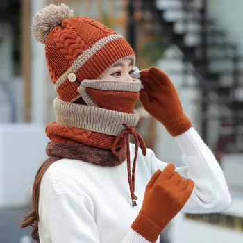 Kış Şapka Sıcak Örme Şapka ve Daire Eşarp Seti OutdoorsScarf Bere Kafatası Kap Kış için 5