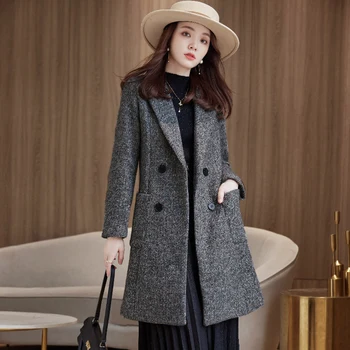 Rahat Ofis Bayan Uzun Blazer Mont Sonbahar Zarif Yaka Kruvaze Yün Ceketler Kış Kadın Moda Gevşek Giyim 5